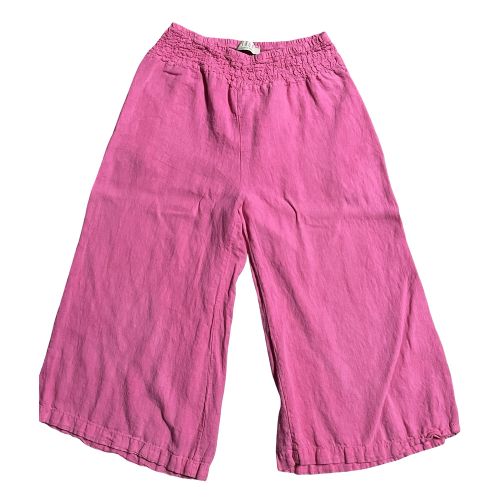 Saga Pants Womens One Size Pink Linen Wide Leg Cropped Elastic Waist Italy‎